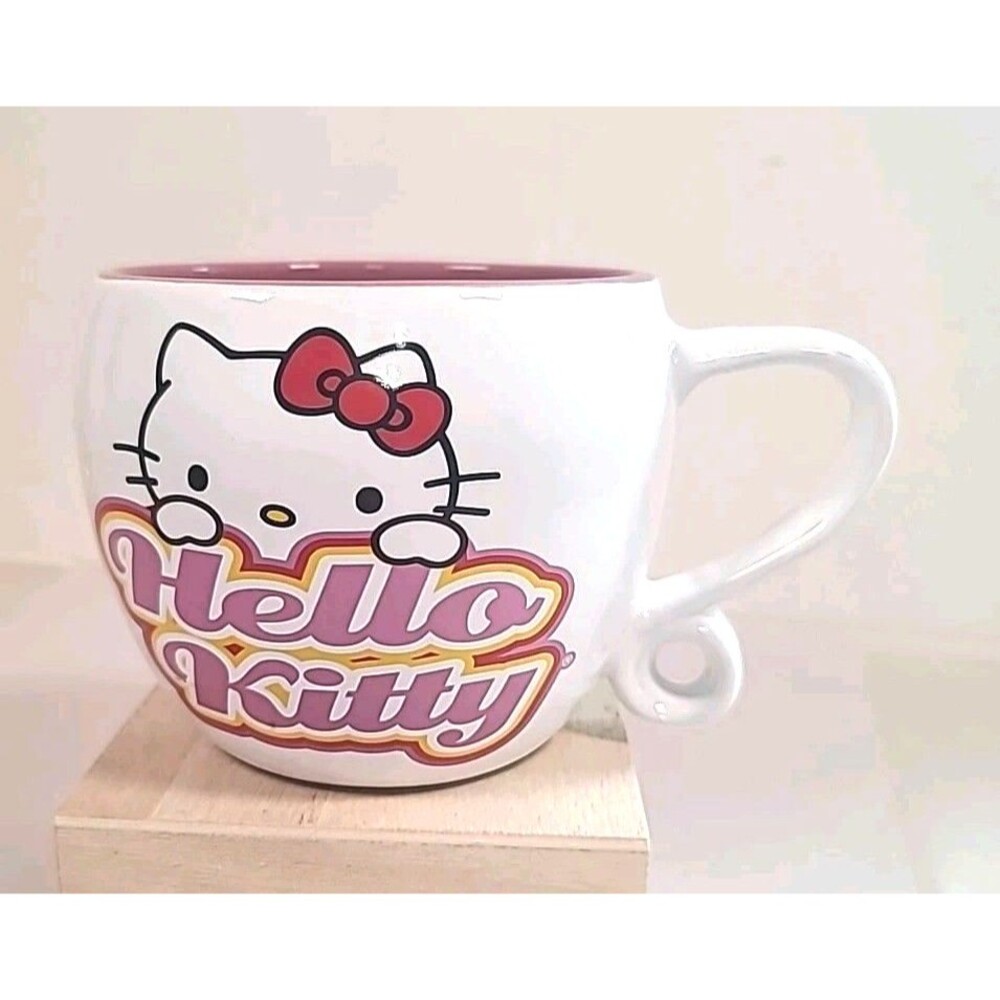 Hello Kitty 16oz White Ceramic Coffee Cup w/Loop Handle & Mauve Interior
